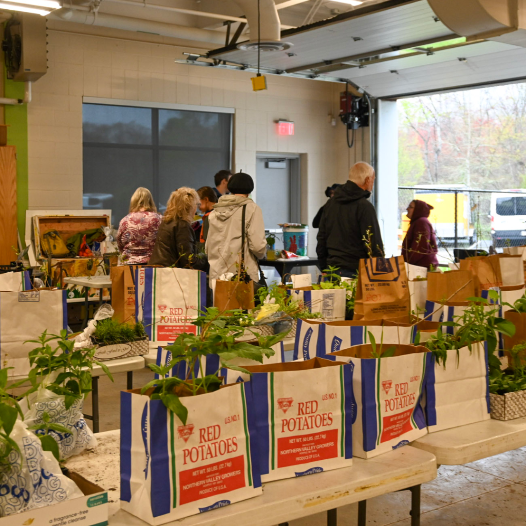 A group of people moving through tables filled with bagged plant orders inside a large indoor space.