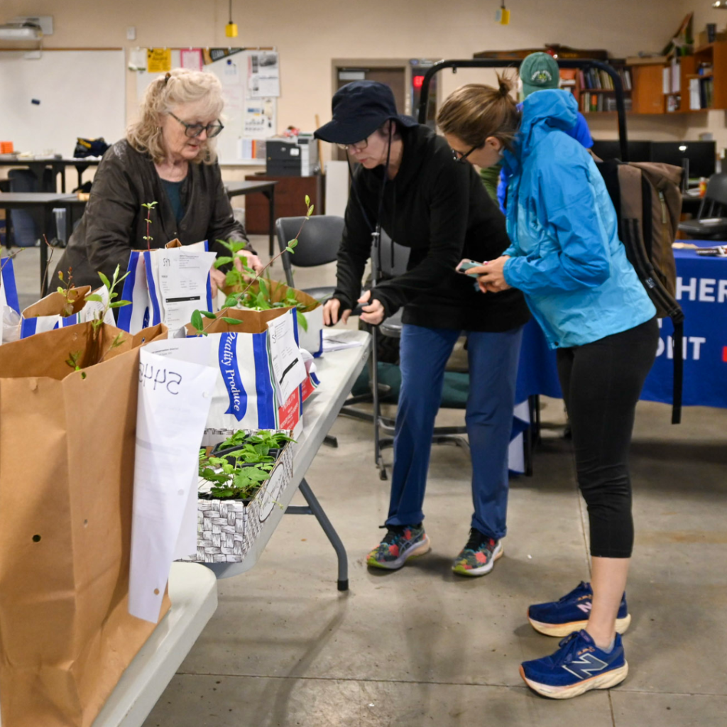Several people gathered around a table of potted plants while a volunteer discusses plant choices with customers indoors.