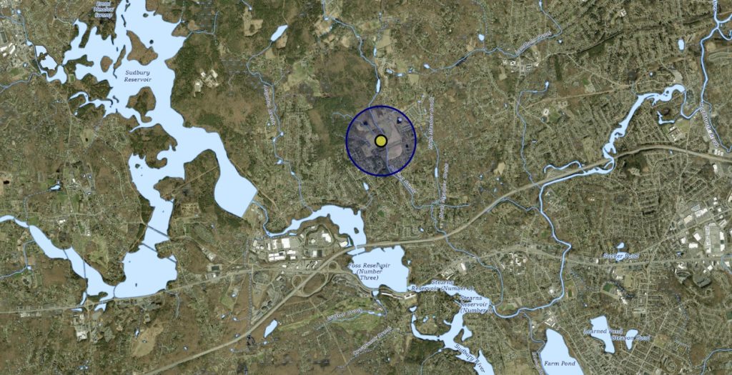 Aerial map showing the location of the Constance M. Fiske Flood Retarding Dam in Framingham, Massachusetts, highlighted near Sudbury Reservoir and surrounding waterways.