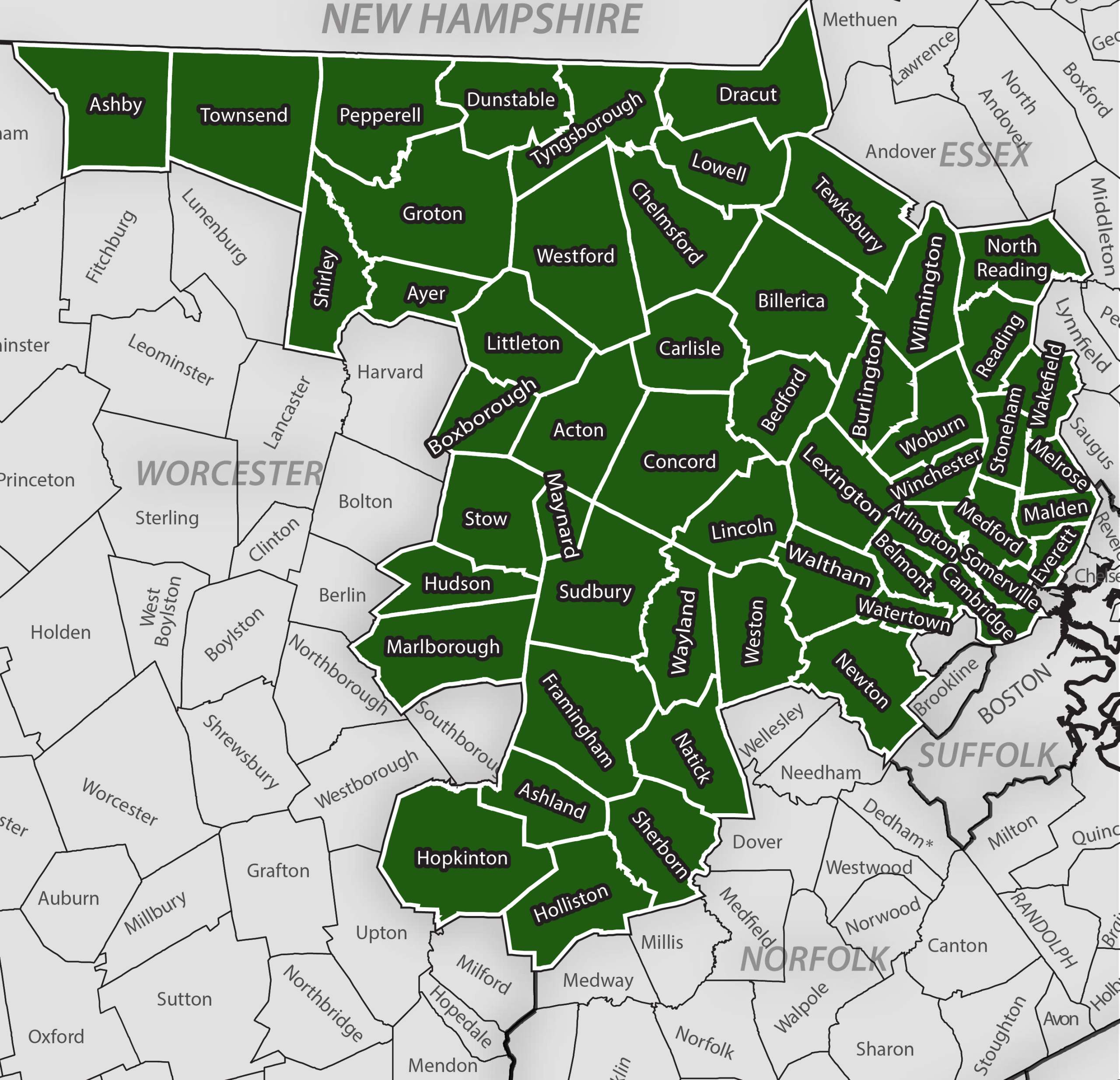 Map showing the 54 cities and towns served by the Middlesex Conservation District in Massachusetts.