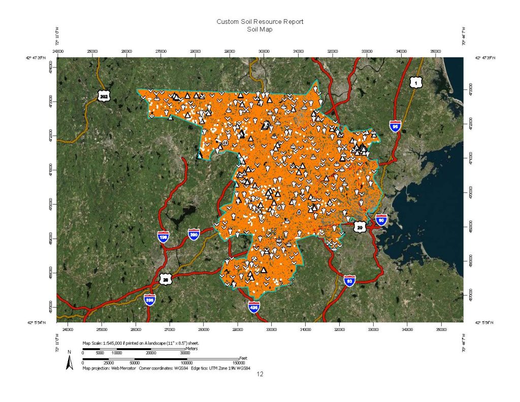 Map of eastern and central Massachusetts showing the Middlesex County soil survey area highlighted with a hatched overlay, including communities from the Boston metropolitan area west to the county boundary. The map is displayed within the USDA Web Soil Survey interface.